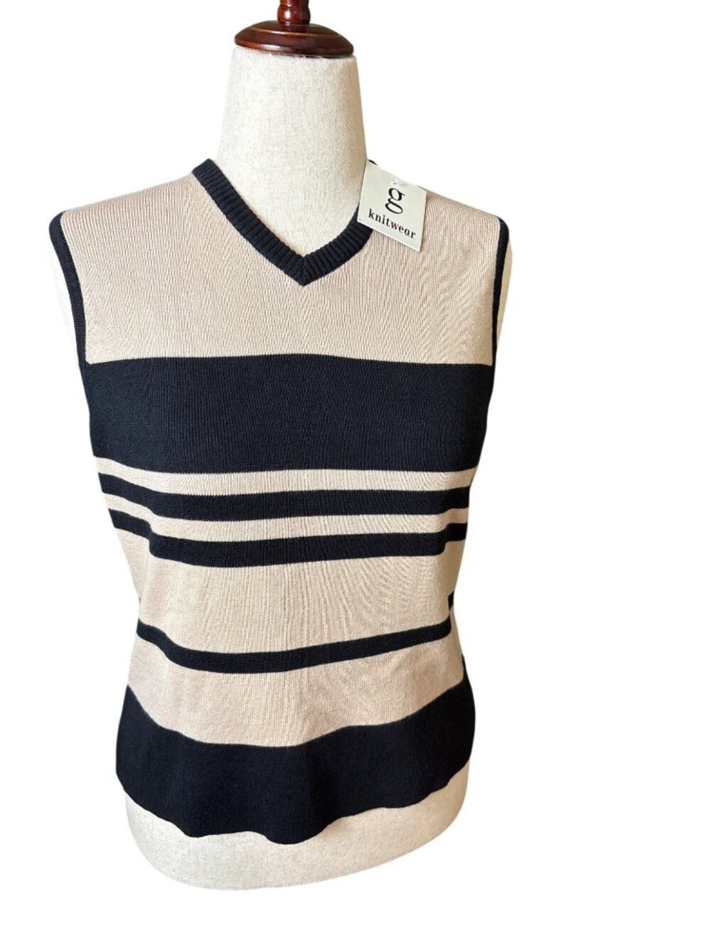 Striped Beige & Black Sleeveless Knit V-Neck Sweater Top XL G Knitwear